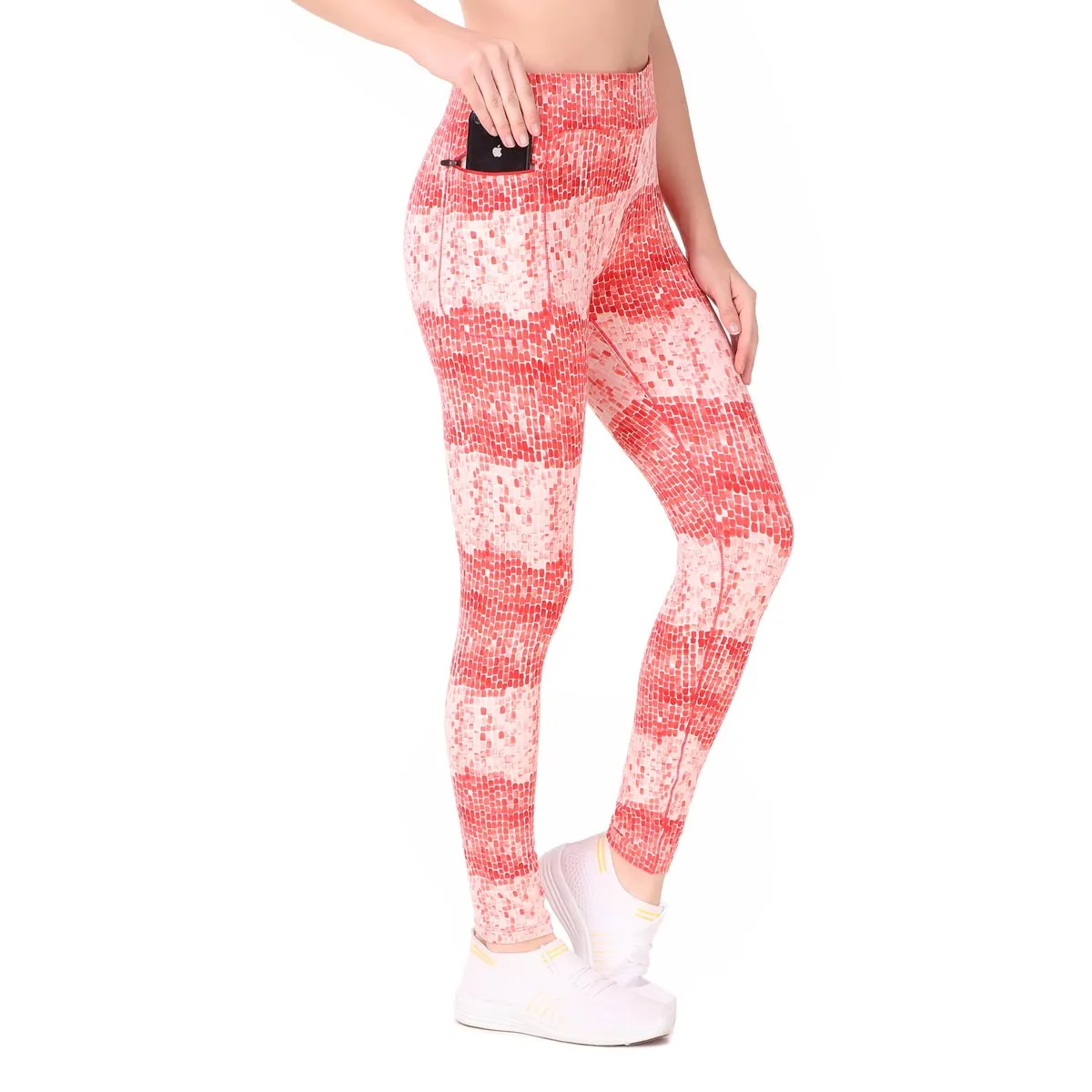 Gym Yoga Running Legging For Women Zip Pocket (Red Blocks)