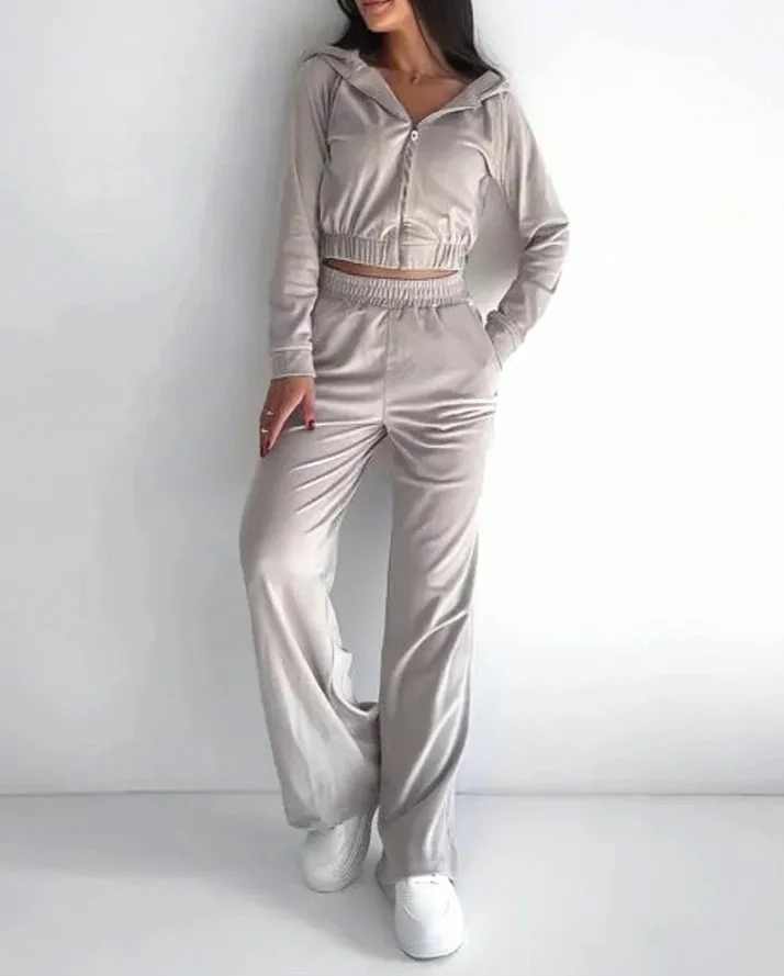 Hailey Hooded Zippered Top Wide-Leg Pants Two-Piece Set