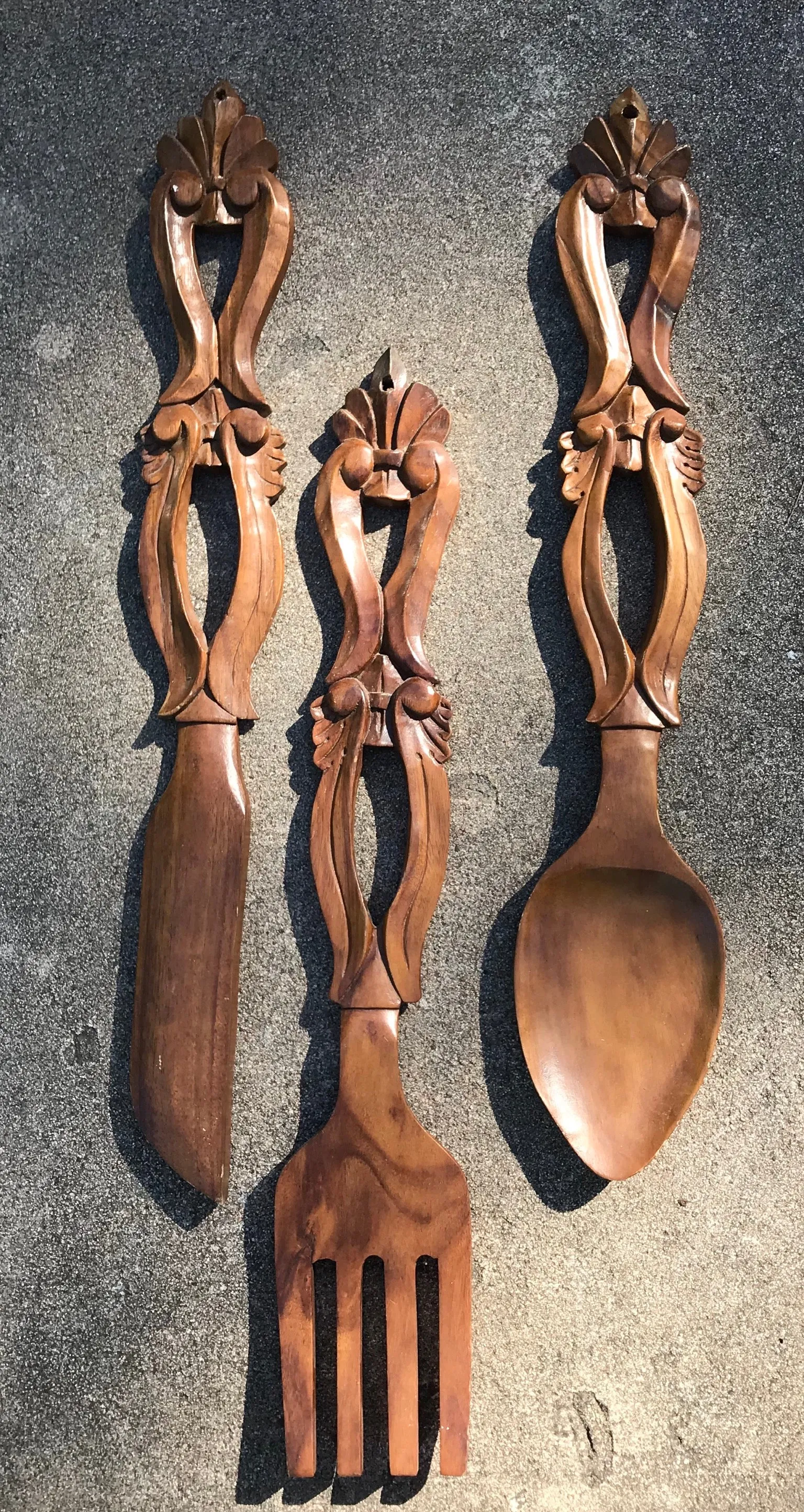 Huge 27" Vintage French Country Farmhouse Carved Wood Knife Fork & Spoon Plaques