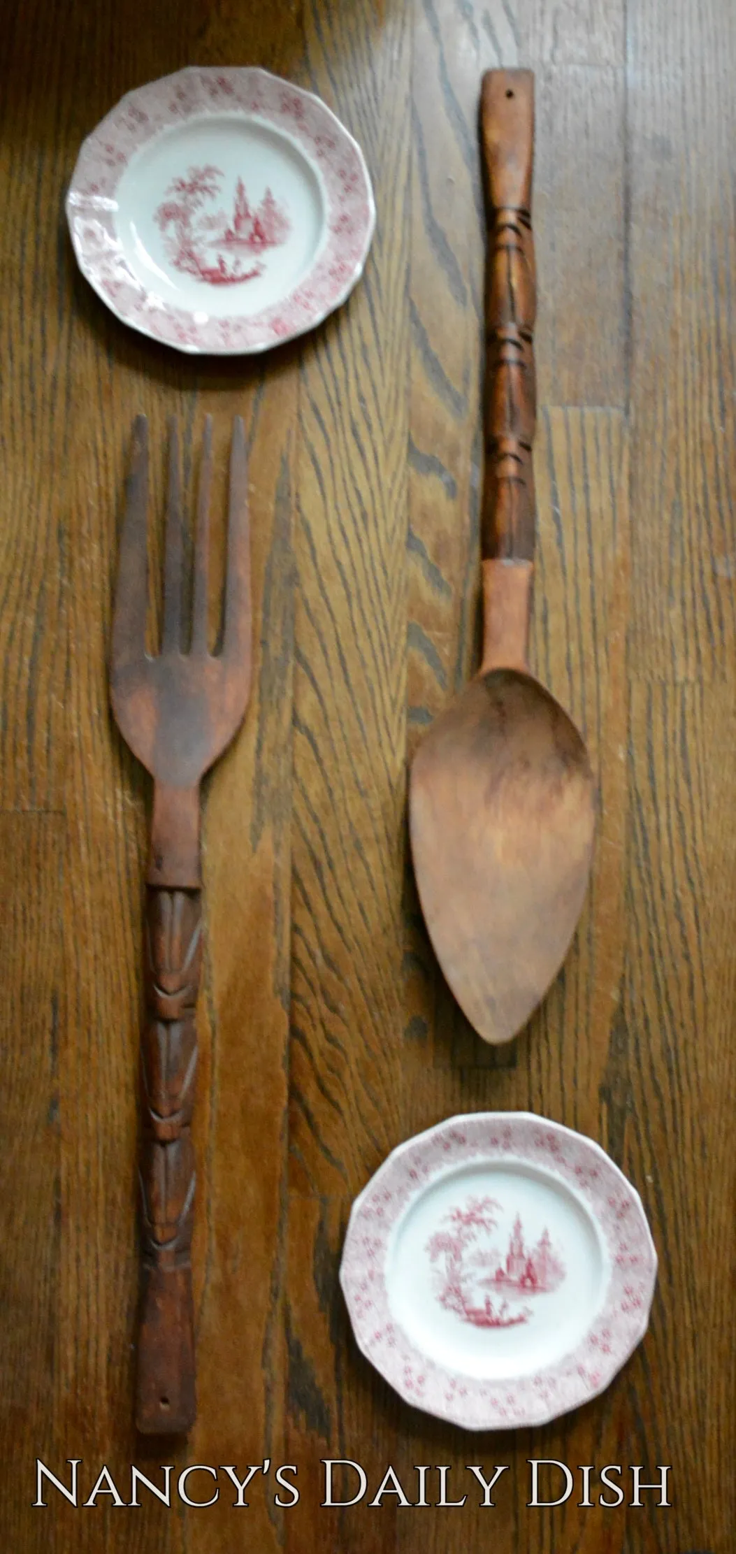 Huge 27" Vintage French Country Farmhouse Carved Wood Knife Fork & Spoon Plaques
