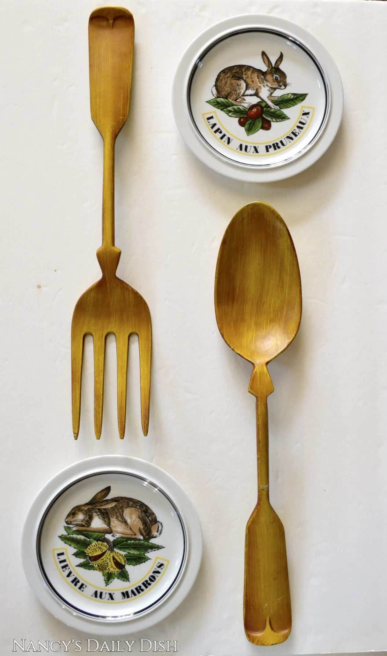 Huge 27" Vintage French Country Farmhouse Carved Wood Knife Fork & Spoon Plaques