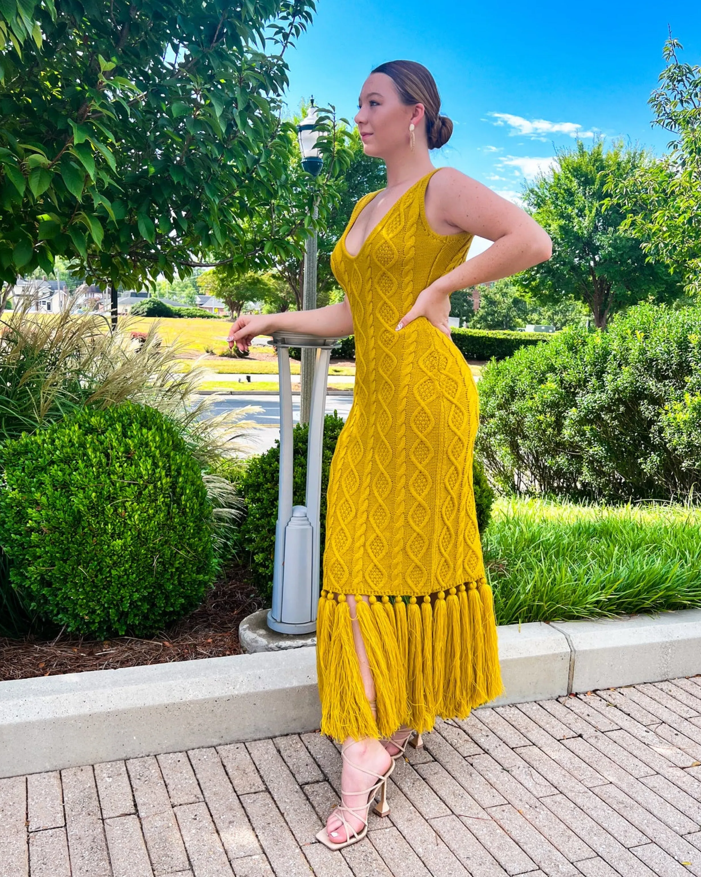 Ida Fringe Knit Dress Mustard