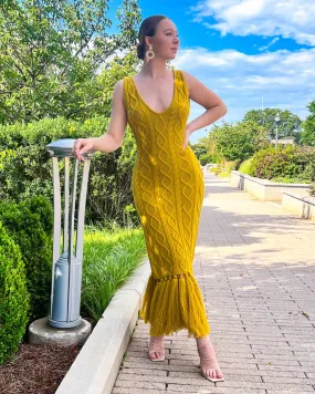Ida Fringe Knit Dress Mustard