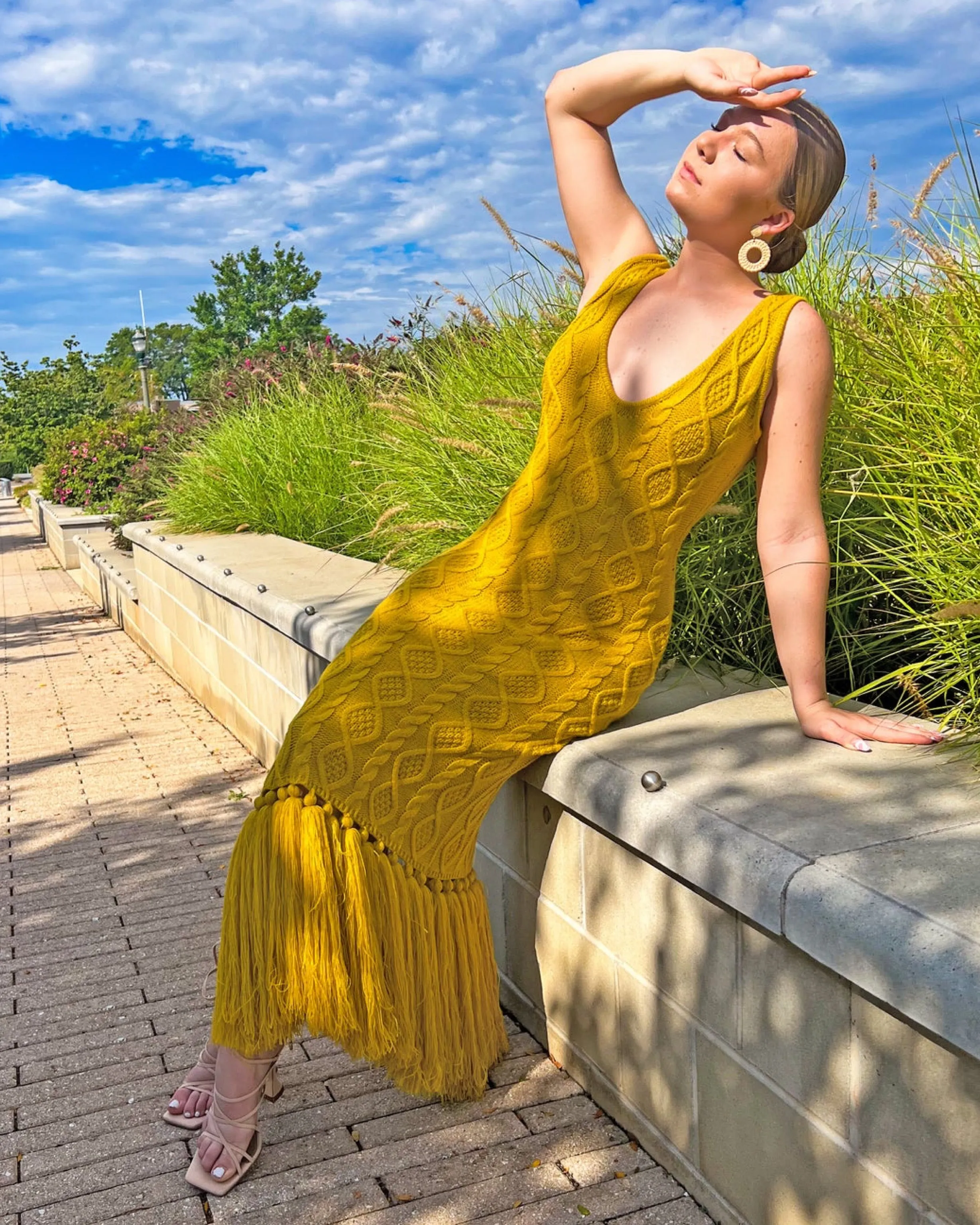 Ida Fringe Knit Dress Mustard