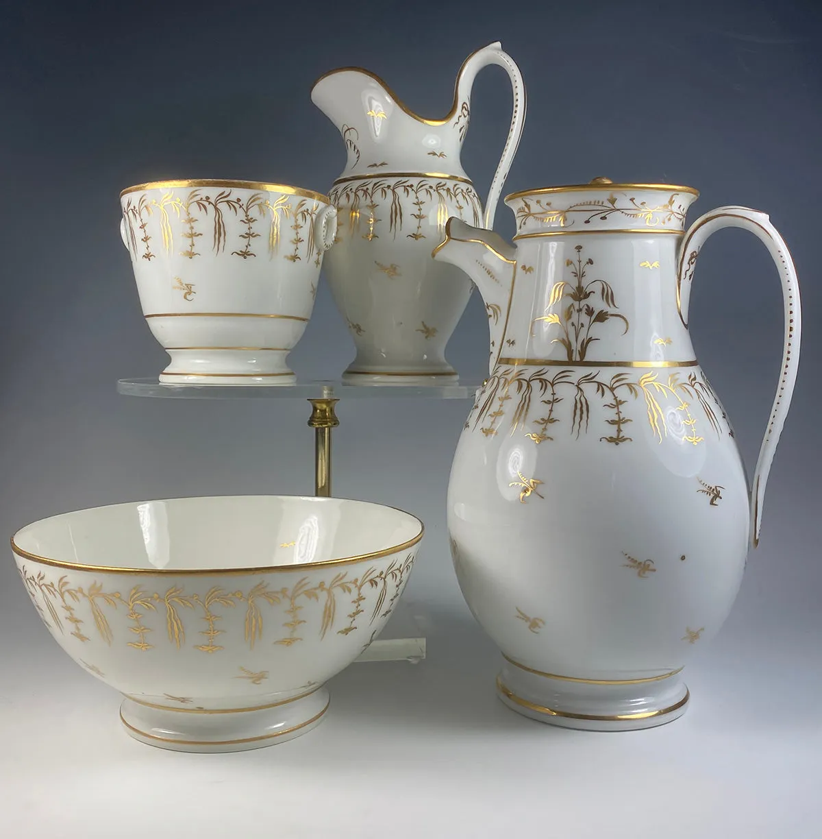Large Antique French Porcelain Coffee Service, Old Paris and French Empire, Gold on White