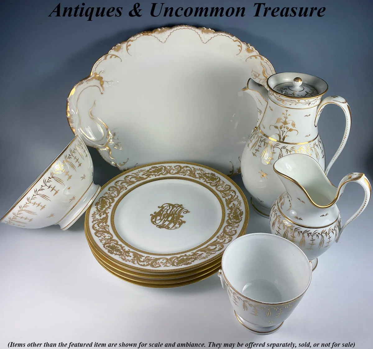 Large Antique French Porcelain Coffee Service, Old Paris and French Empire, Gold on White