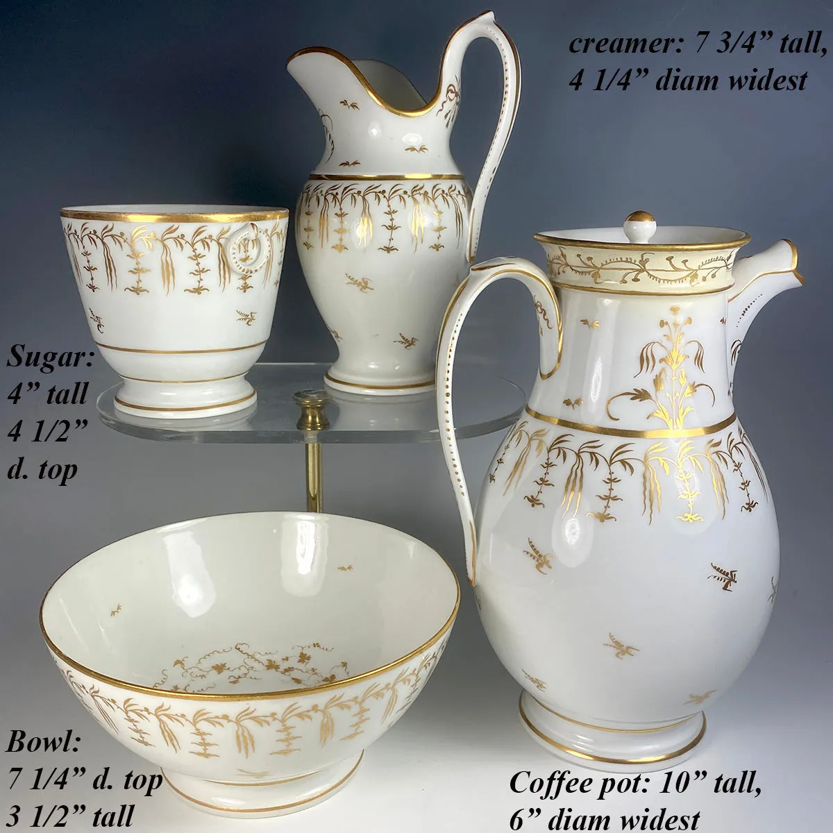 Large Antique French Porcelain Coffee Service, Old Paris and French Empire, Gold on White