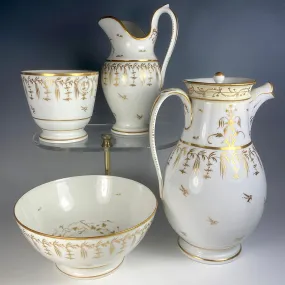 Large Antique French Porcelain Coffee Service, Old Paris and French Empire, Gold on White