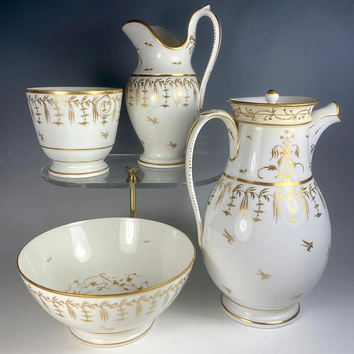 Large Antique French Porcelain Coffee Service, Old Paris and French Empire, Gold on White