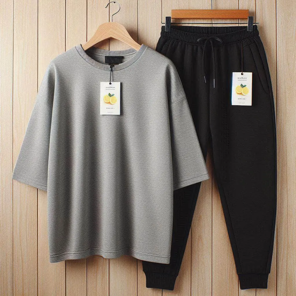 Lemon Tart Mens Plain Oversized Drop Shoulder T-Shirt and Jogger Pants Set - LTMTSPS2 - Grey Black