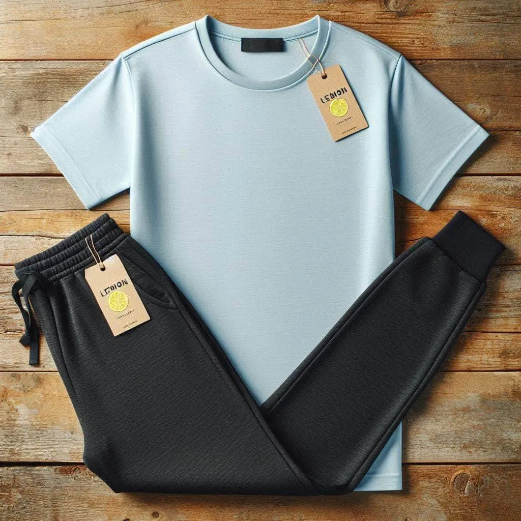 Lemon Tart Mens Plain T-Shirt and Jogger Pants Set - LTMTSPS1 - Light Blue Black