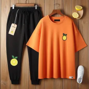 Lemon Tart Printed Oversized T-Shirt and Jogger Pants Set - LTUSTPS4 - Orange Black