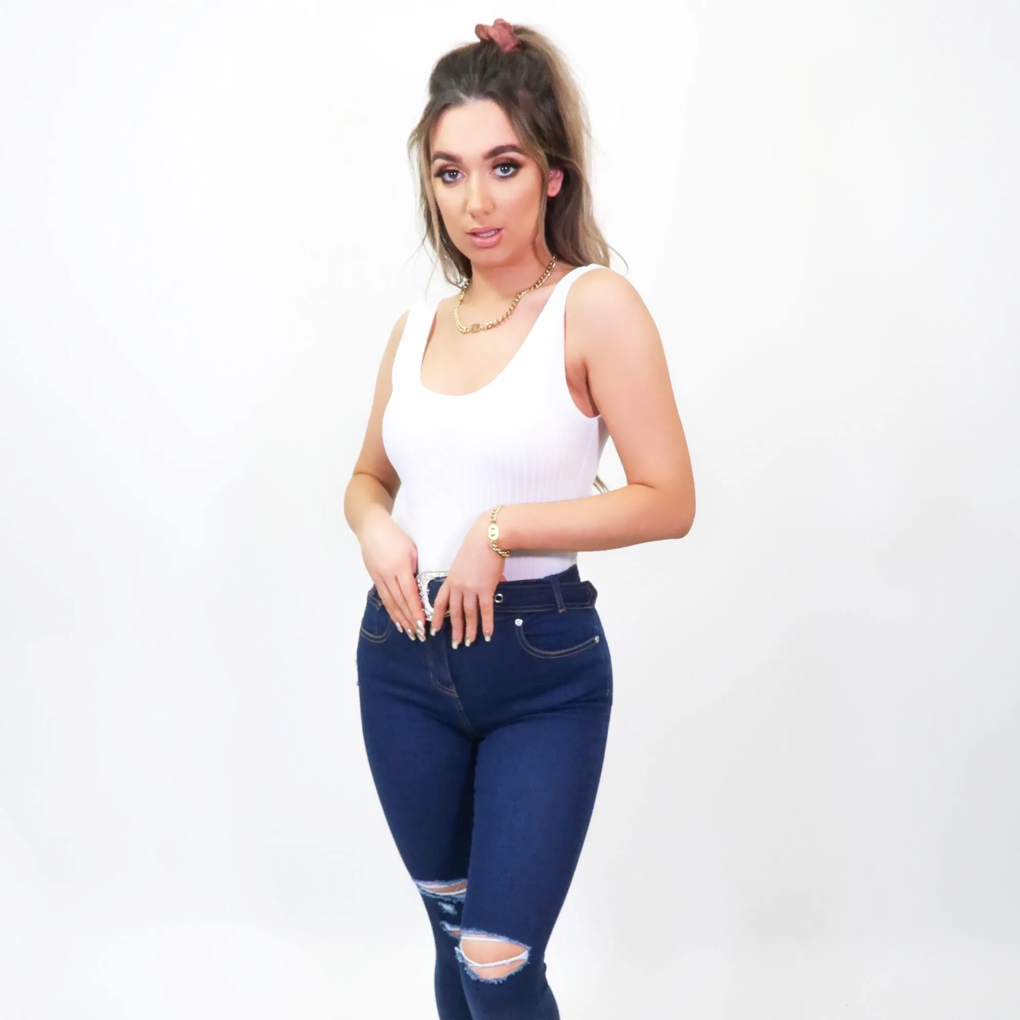 Lexi White Ribbed Knit Scoop Neck Bodysuit