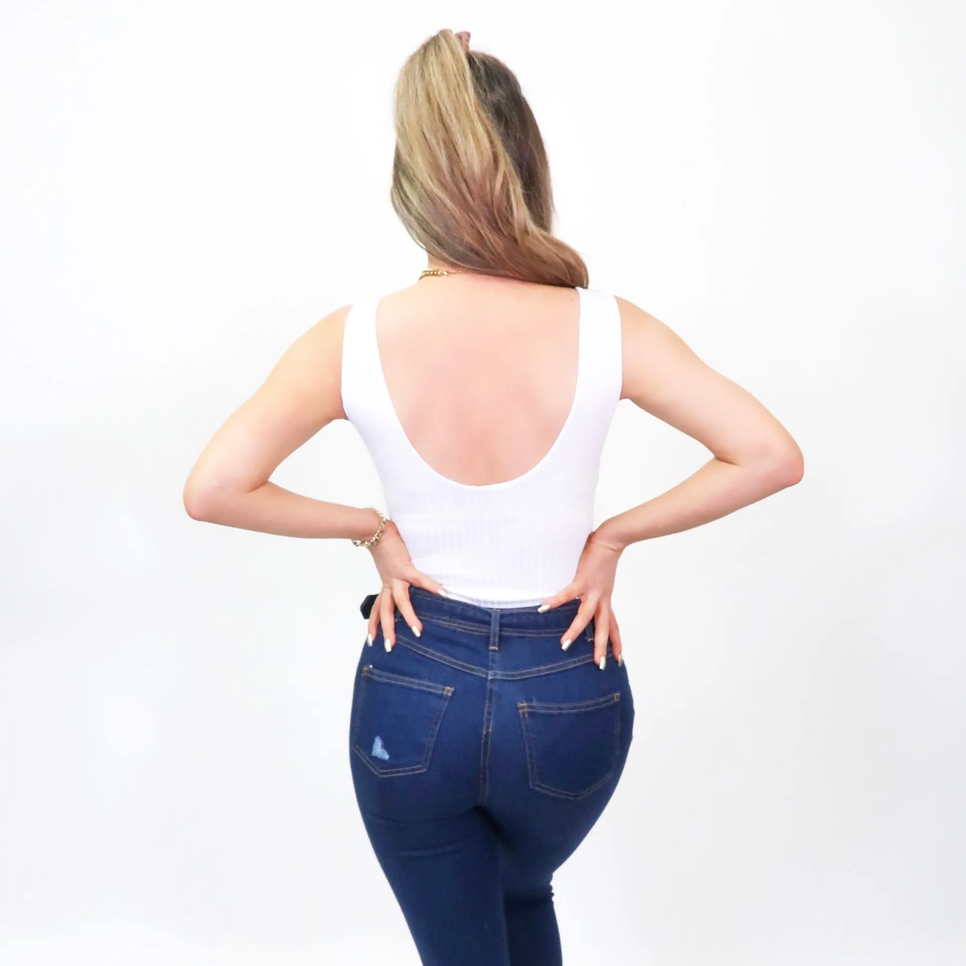 Lexi White Ribbed Knit Scoop Neck Bodysuit