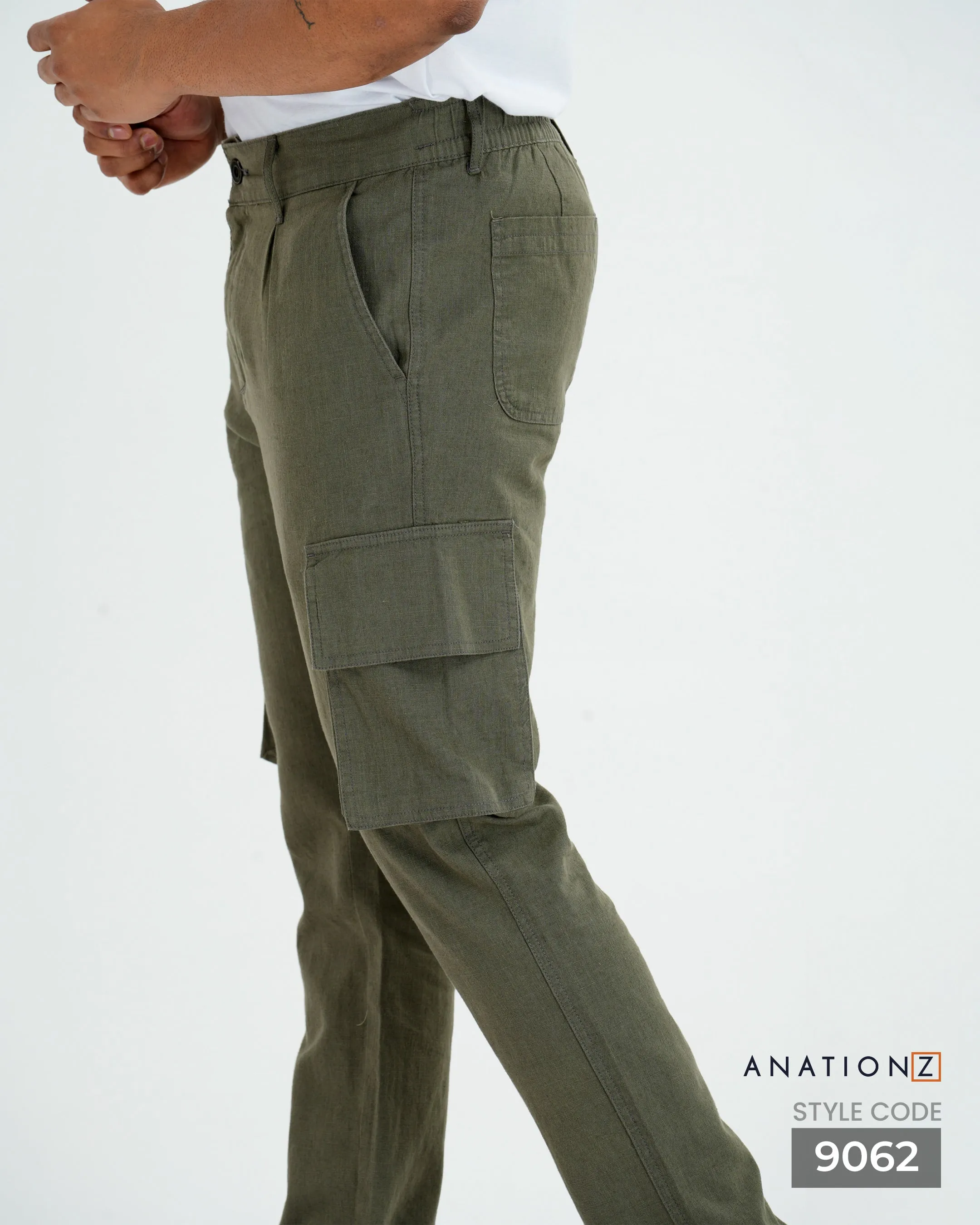 Linen Cotton Utility Cargo Pants - Olive
