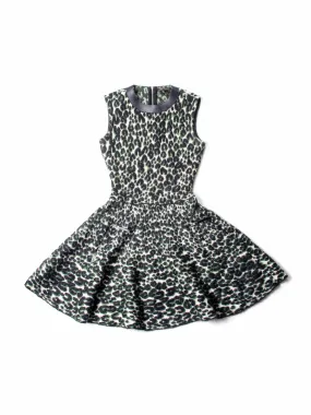 Louis Vuitton Logo Knit Animal Print Leather Trim A-Line Dress Green Black