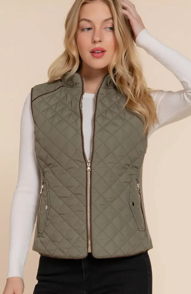 Margaret Suede Piping Detail Rib Quilted Padding Vest