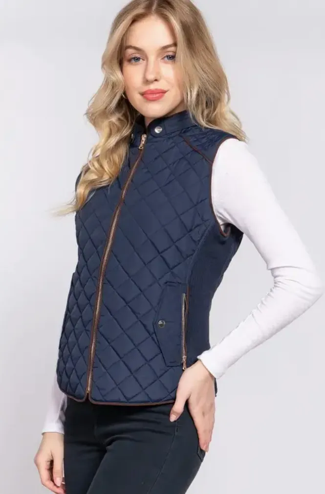 Margaret Suede Piping Detail Rib Quilted Padding Vest