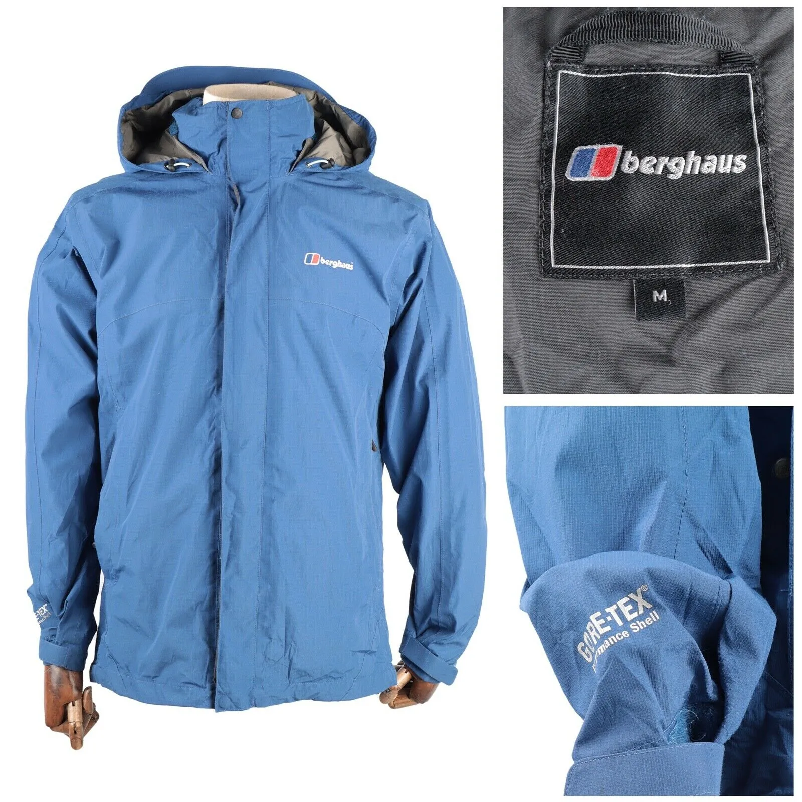 Men's BERGHAUS Gore Tex Blue Hooded Outdoor Rain Jacket Size M