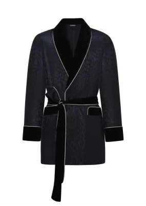 Men's Black Leopard-Print Short Robe