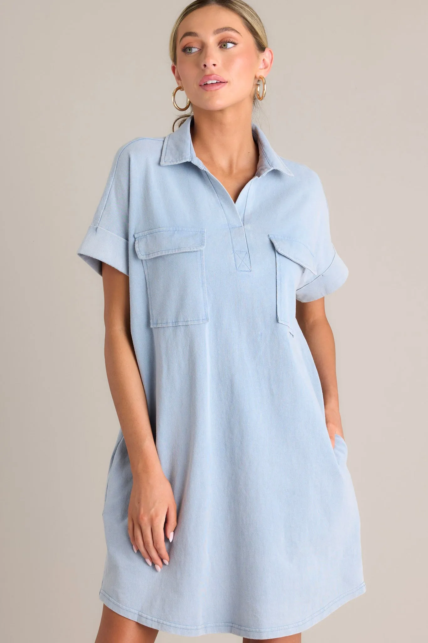 Metropolitan Mood Light Chambray Collared Mini Dress