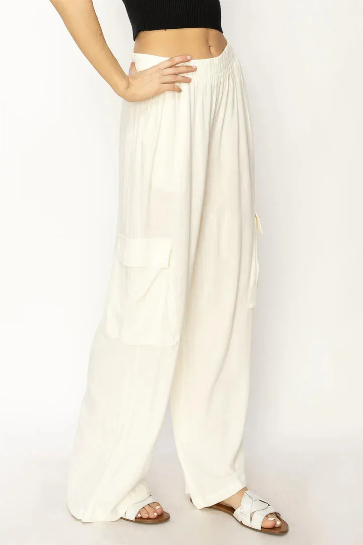 Mila Laid Back wide Leg Linen Cargo Pants In Cream
