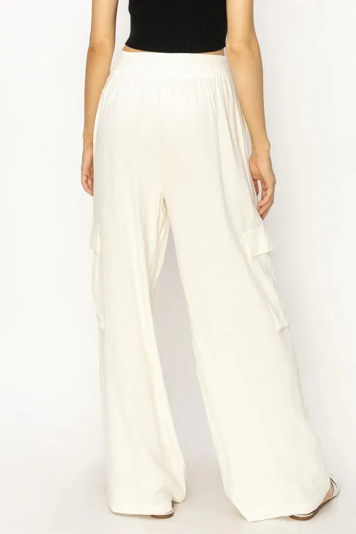 Mila Laid Back wide Leg Linen Cargo Pants In Cream