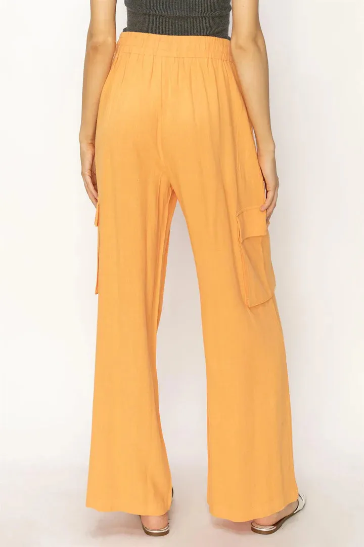 Mila Laid Back wide Leg Linen Cargo Pants In Orange