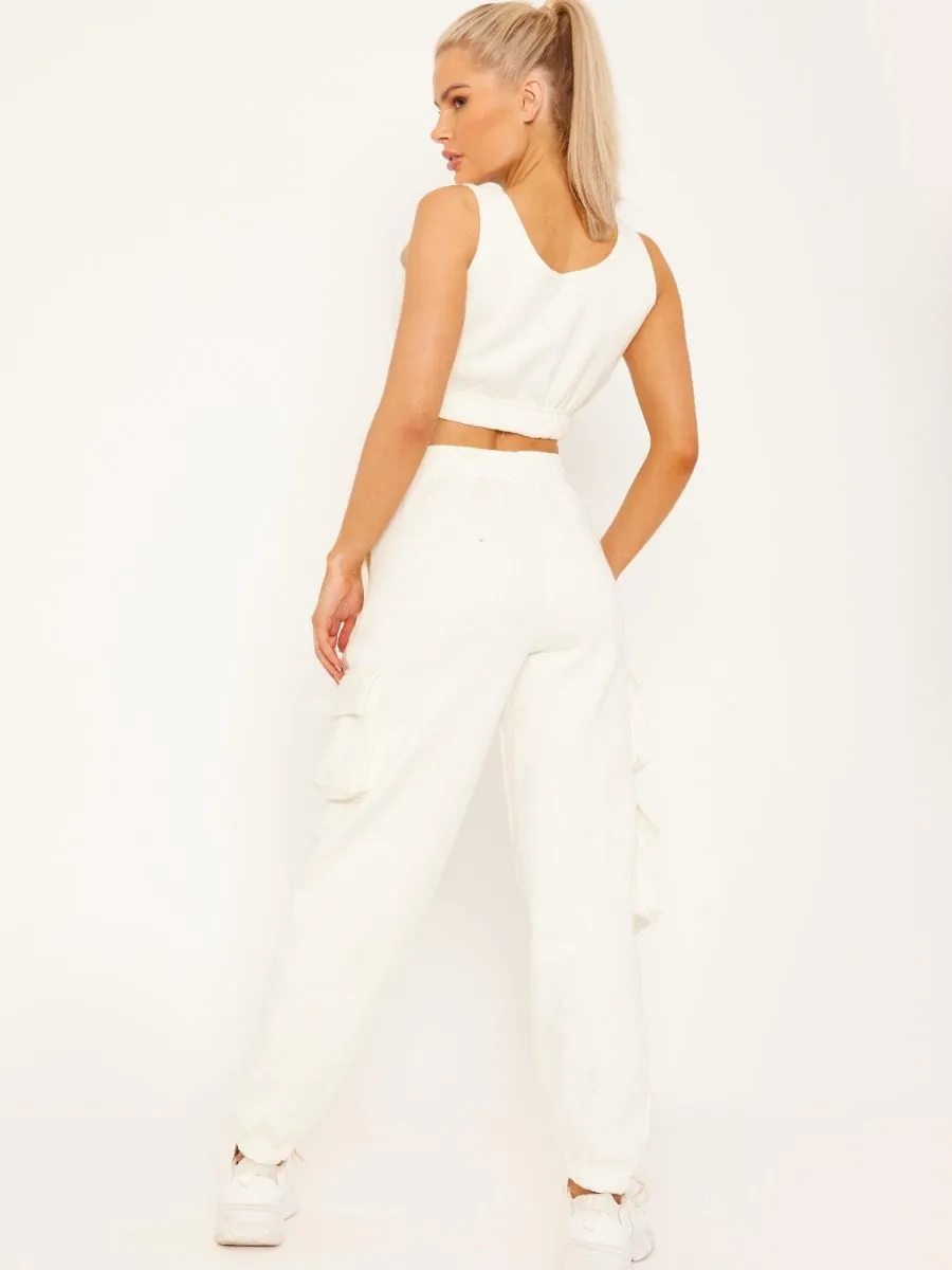 Nabeel Fleeced Crop Top & Cargo Jogger Co-ord In Cream