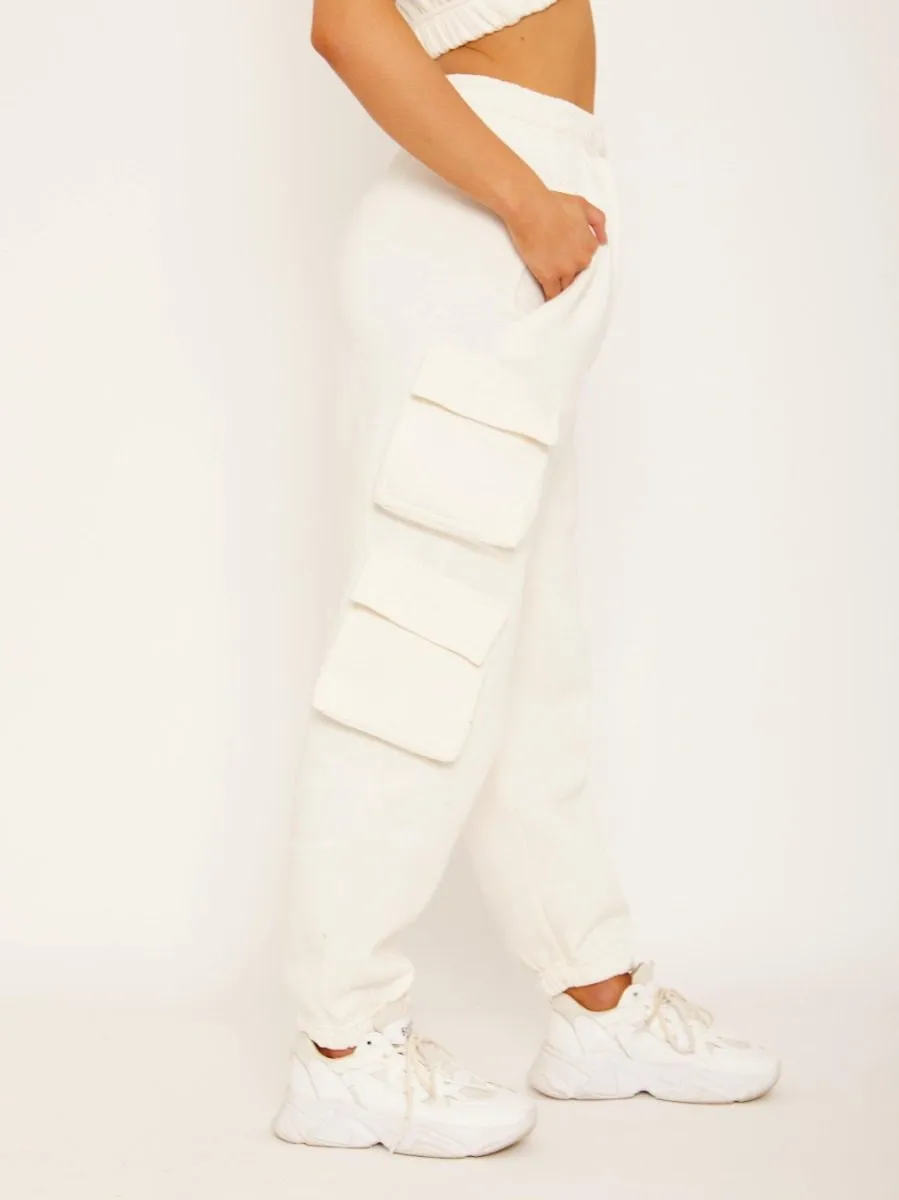Nabeel Fleeced Crop Top & Cargo Jogger Co-ord In Cream