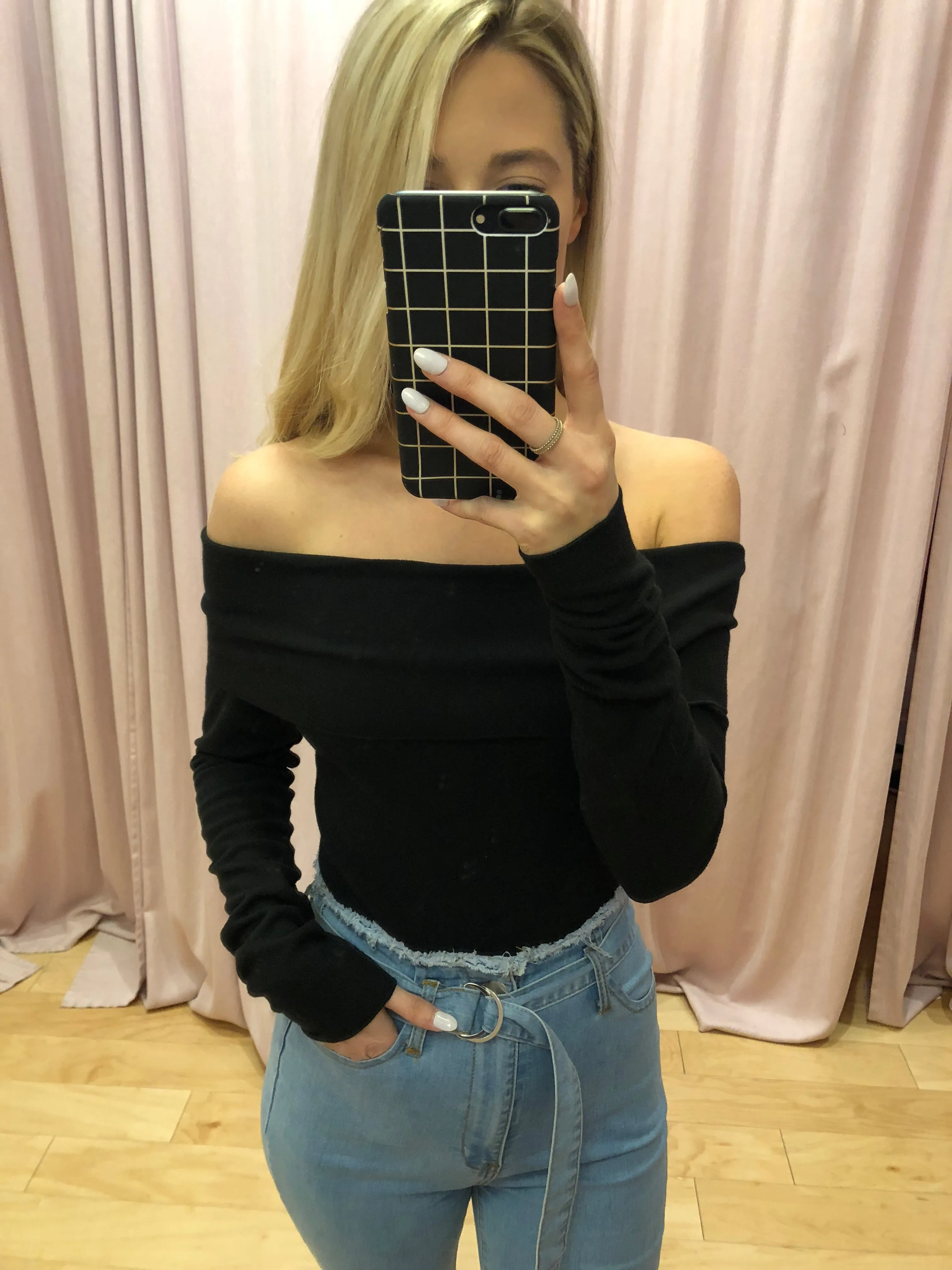 Off The Shoulder Foldover Long Sleeve Ribbed Thong Bodysuit