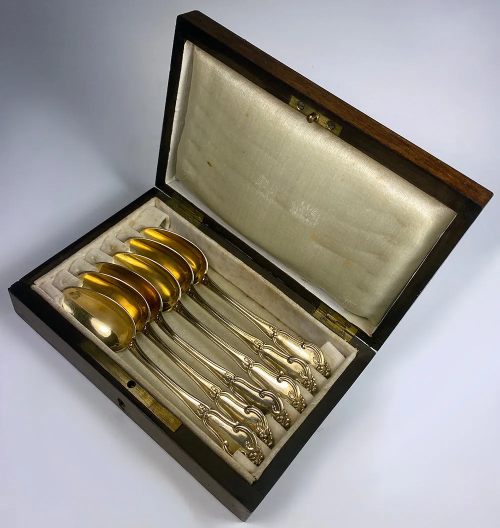 Opulent Antique French Sterling Silver 18k Gold Vermeil Spoon Set of 6 in Wood Box