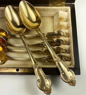 Opulent Antique French Sterling Silver 18k Gold Vermeil Spoon Set of 6 in Wood Box