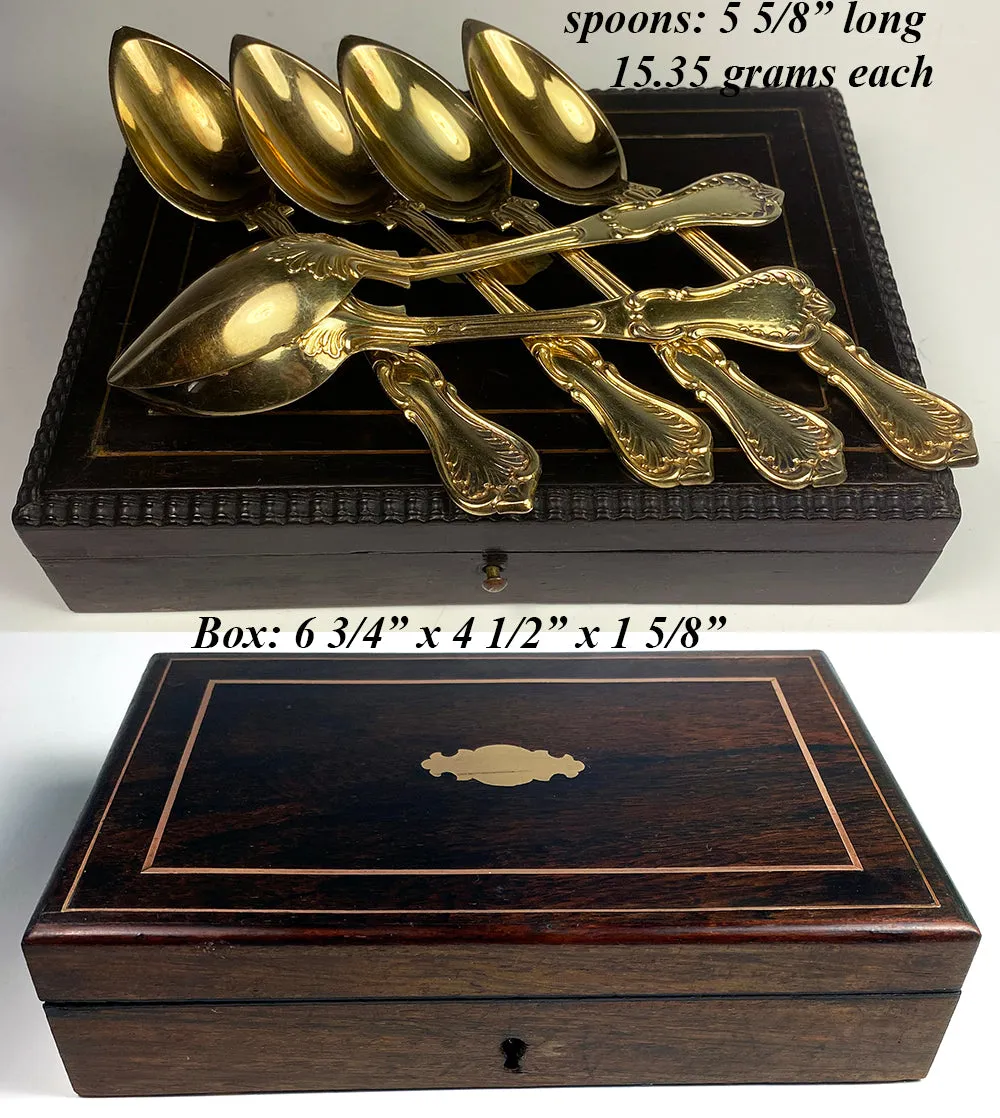 Opulent Antique French Sterling Silver 18k Gold Vermeil Spoon Set of 6 in Wood Box