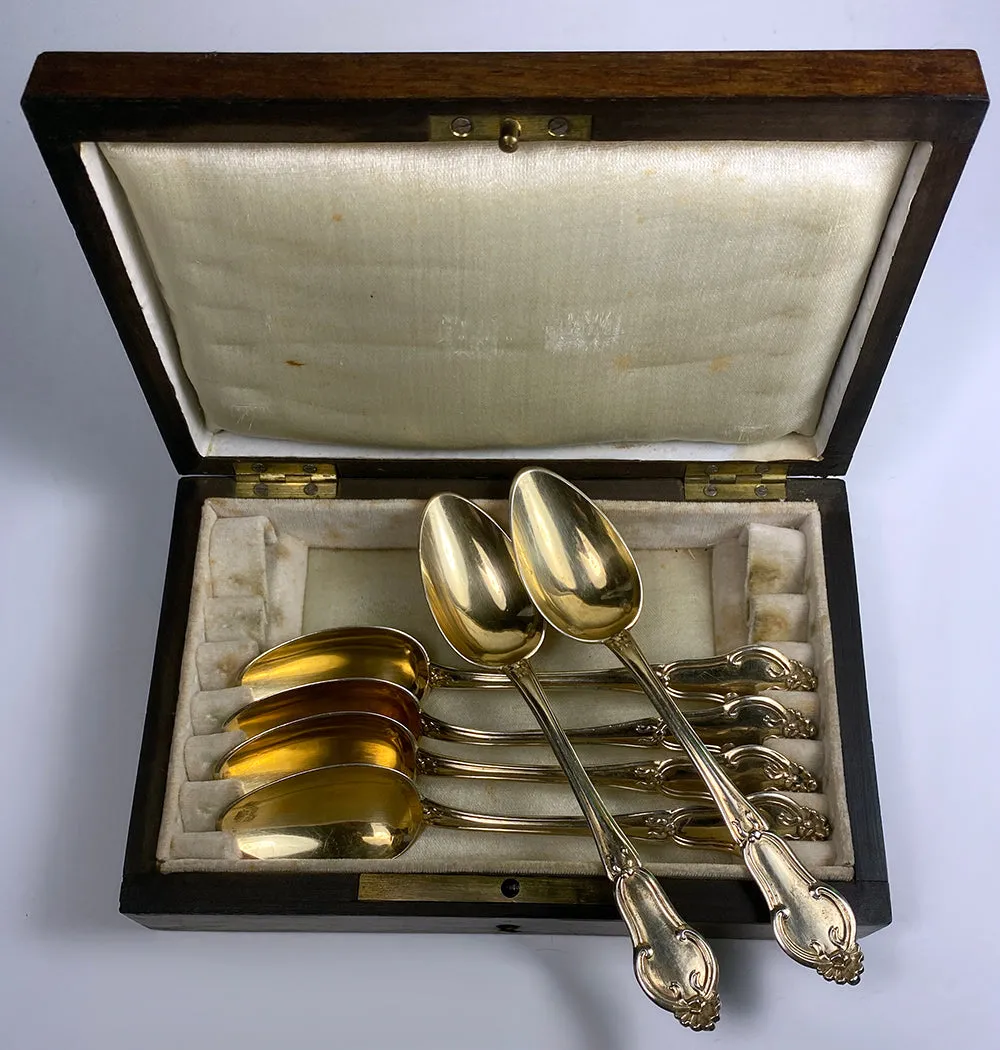 Opulent Antique French Sterling Silver 18k Gold Vermeil Spoon Set of 6 in Wood Box