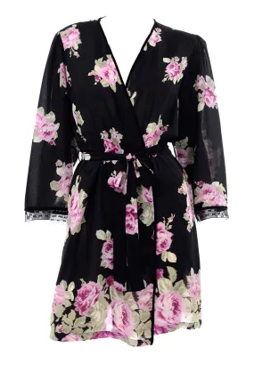 Oscar de la Renta Pink Label Black Robe w/ Roses Size Large