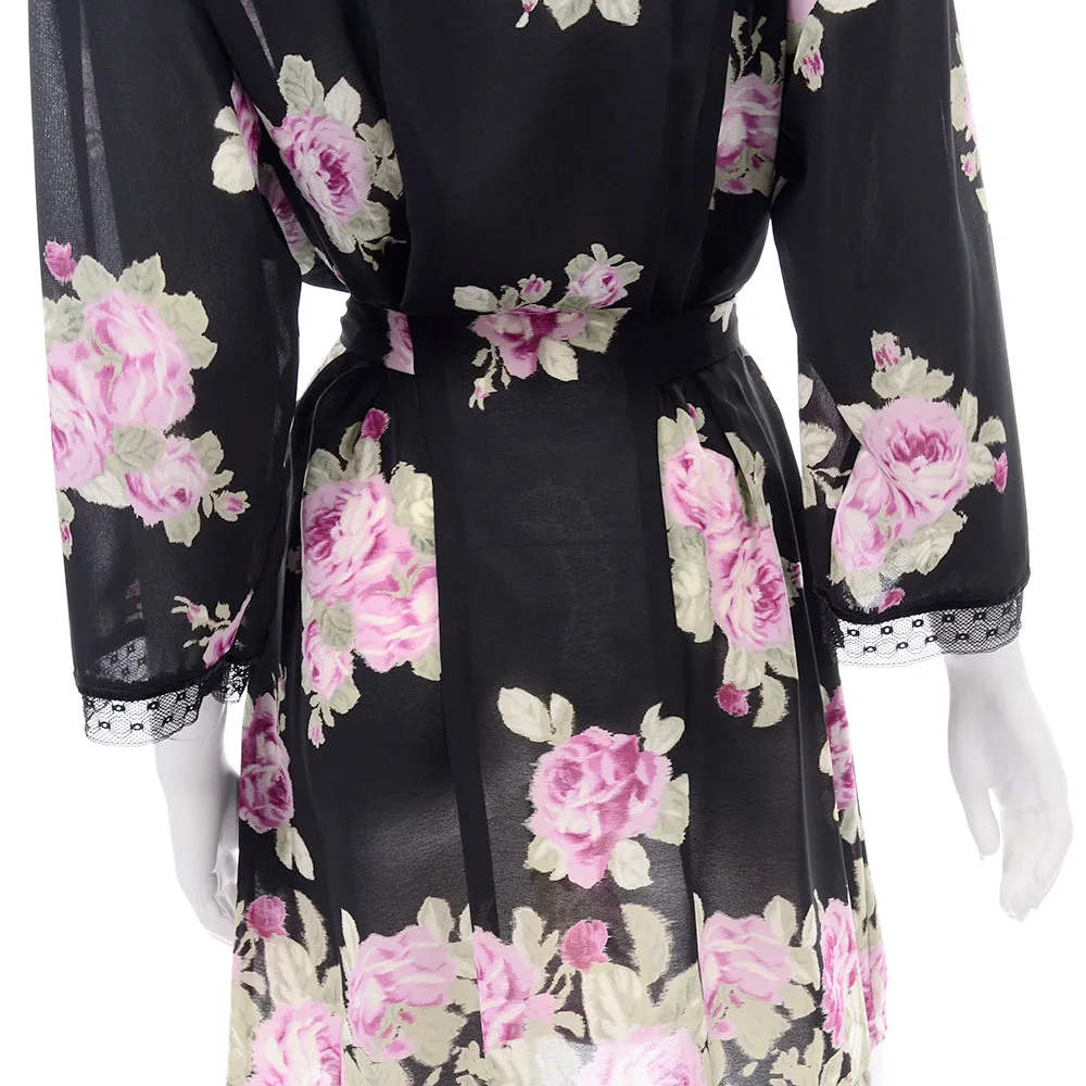 Oscar de la Renta Pink Label Black Robe w/ Roses Size Large