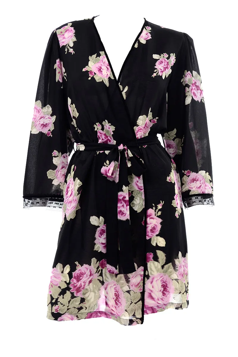 Oscar de la Renta Pink Label Black Robe w/ Roses Size Large