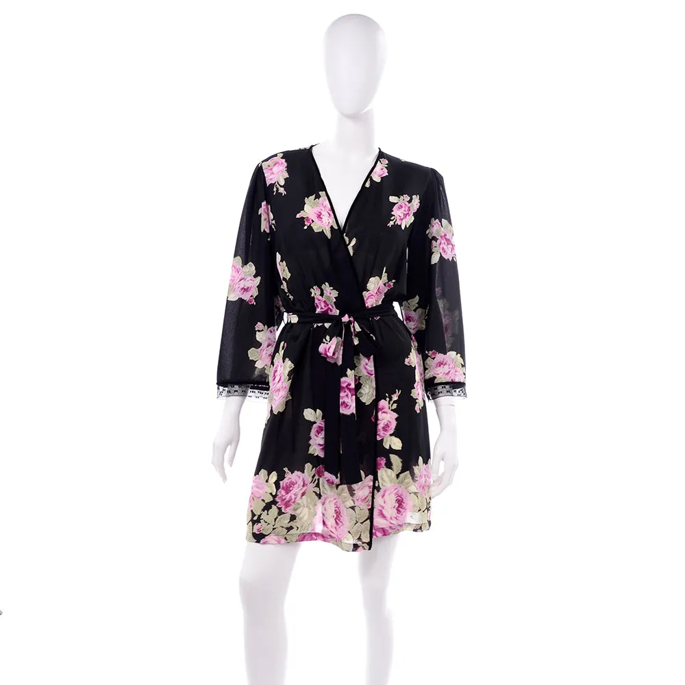 Oscar de la Renta Pink Label Black Robe w/ Roses Size Large