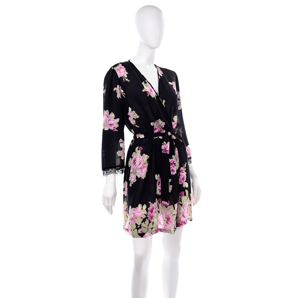 Oscar de la Renta Pink Label Black Robe w/ Roses Size Large