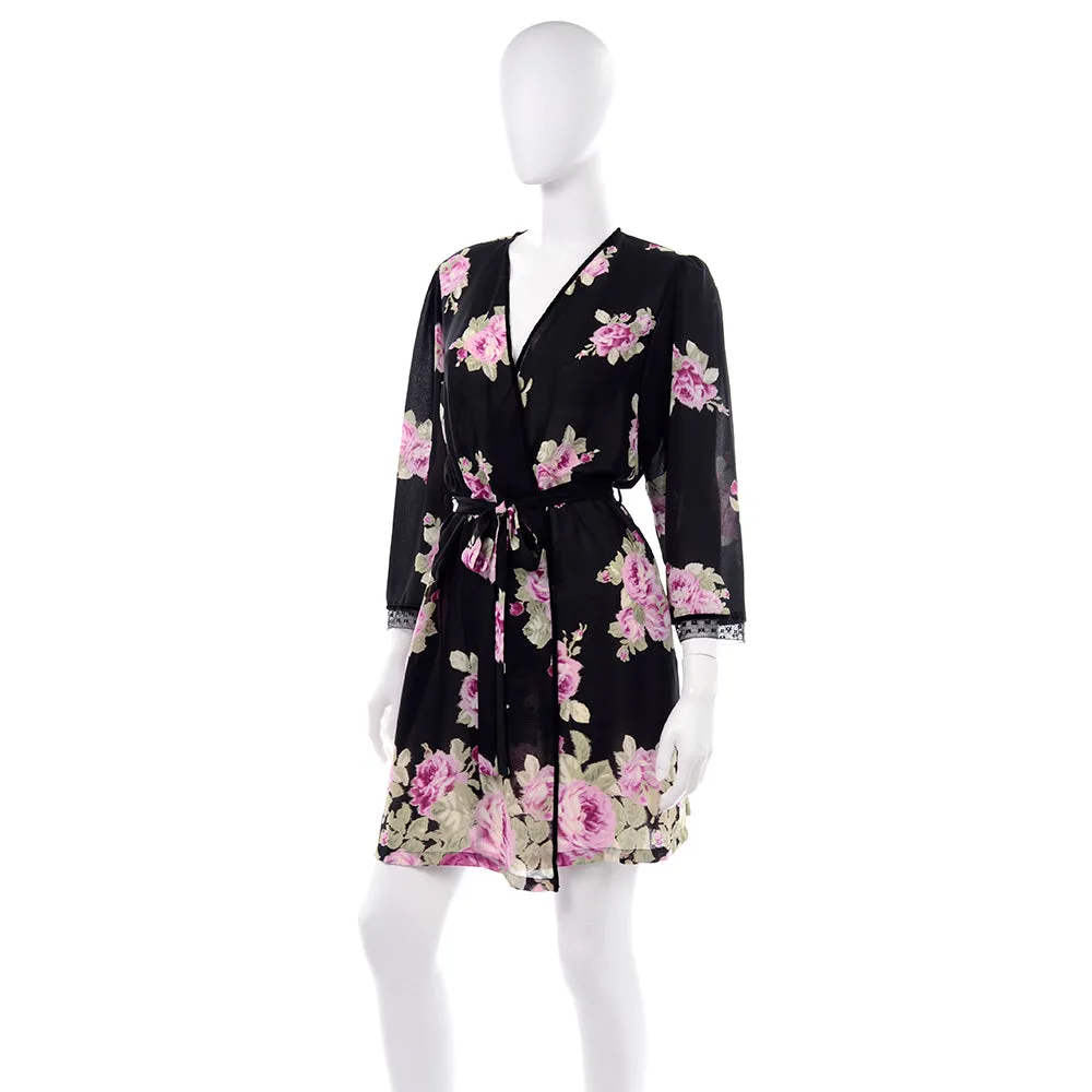 Oscar de la Renta Pink Label Black Robe w/ Roses Size Large