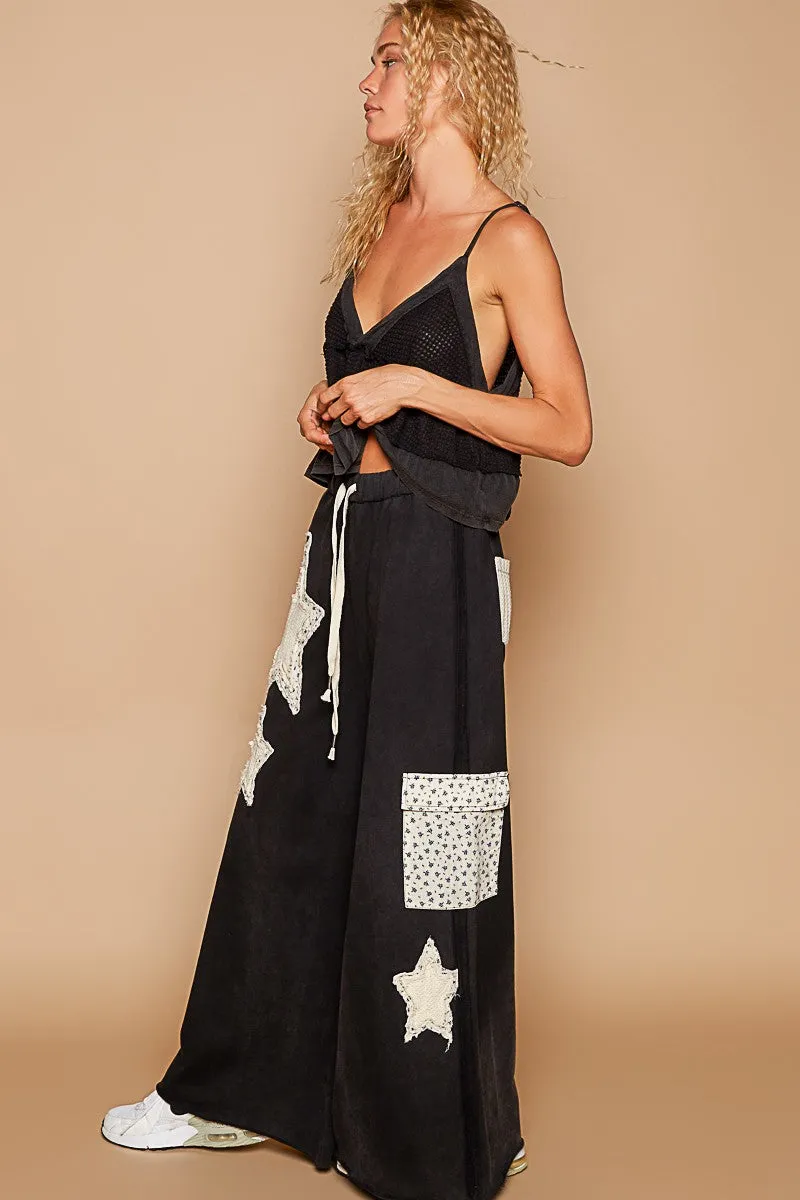 POL Solid Color French Terry Pants with Star Patches in Black ON ORDER