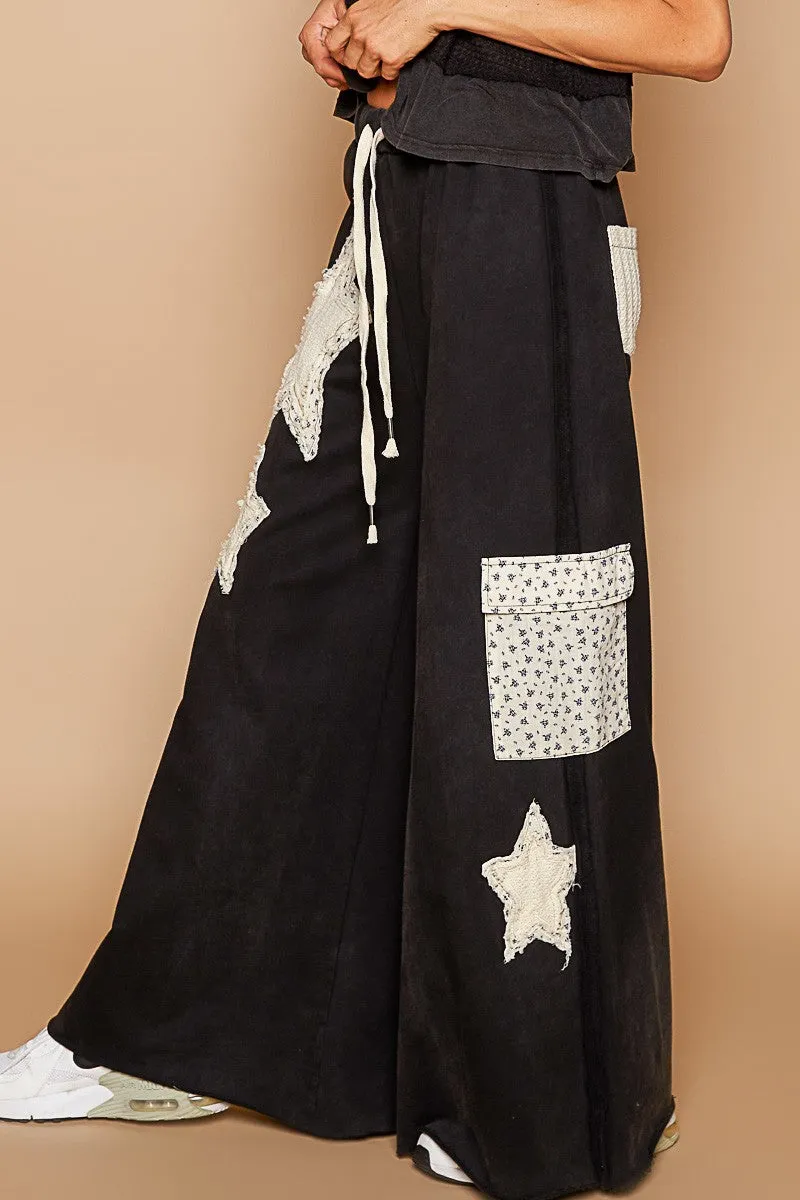 POL Solid Color French Terry Pants with Star Patches in Black ON ORDER