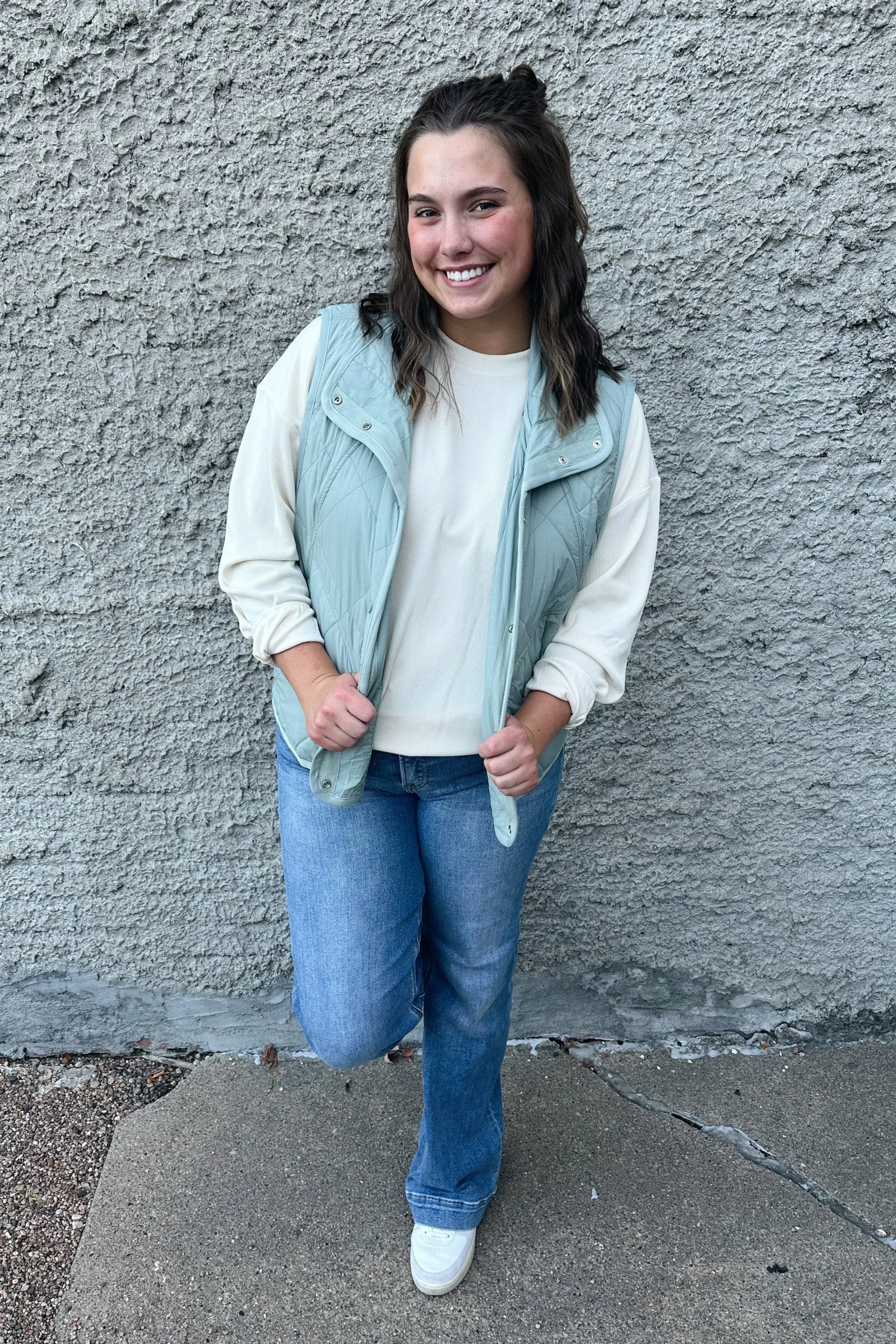 Quilted Button Up Vest - Sage