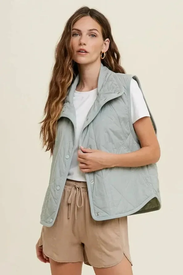 Quilted Button Up Vest - Sage