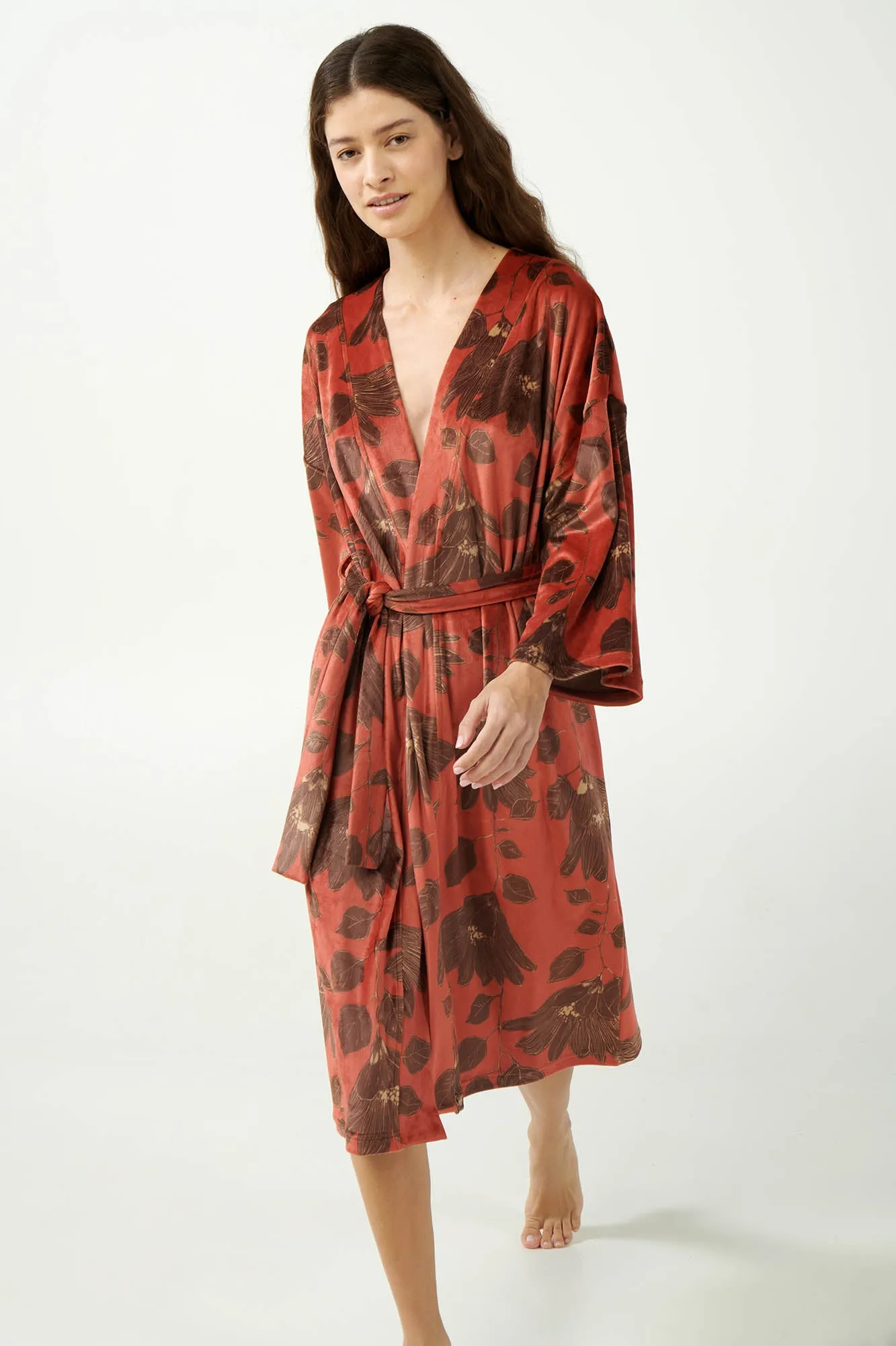 Red Nova Lily Print Velvet Robe / Dressing Gown By Vamp - S-3XL