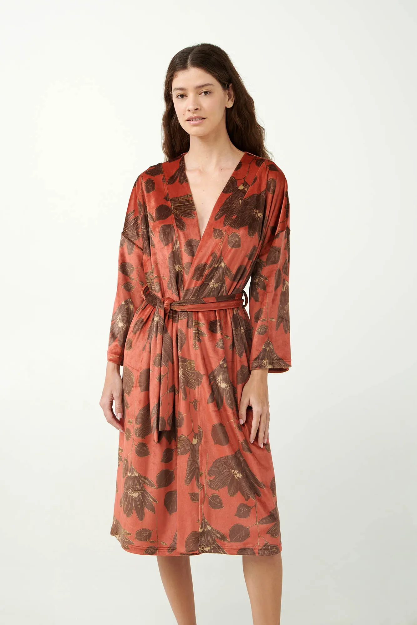 Red Nova Lily Print Velvet Robe / Dressing Gown By Vamp - S-3XL