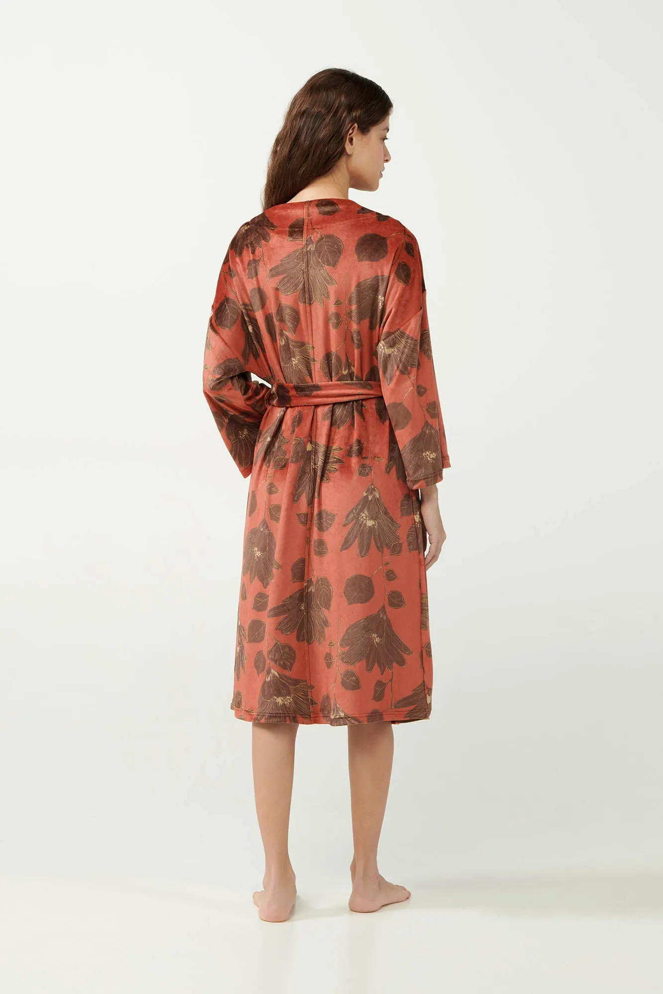 Red Nova Lily Print Velvet Robe / Dressing Gown By Vamp - S-3XL