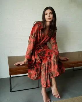 Red Nova Lily Print Velvet Robe / Dressing Gown By Vamp - S-3XL