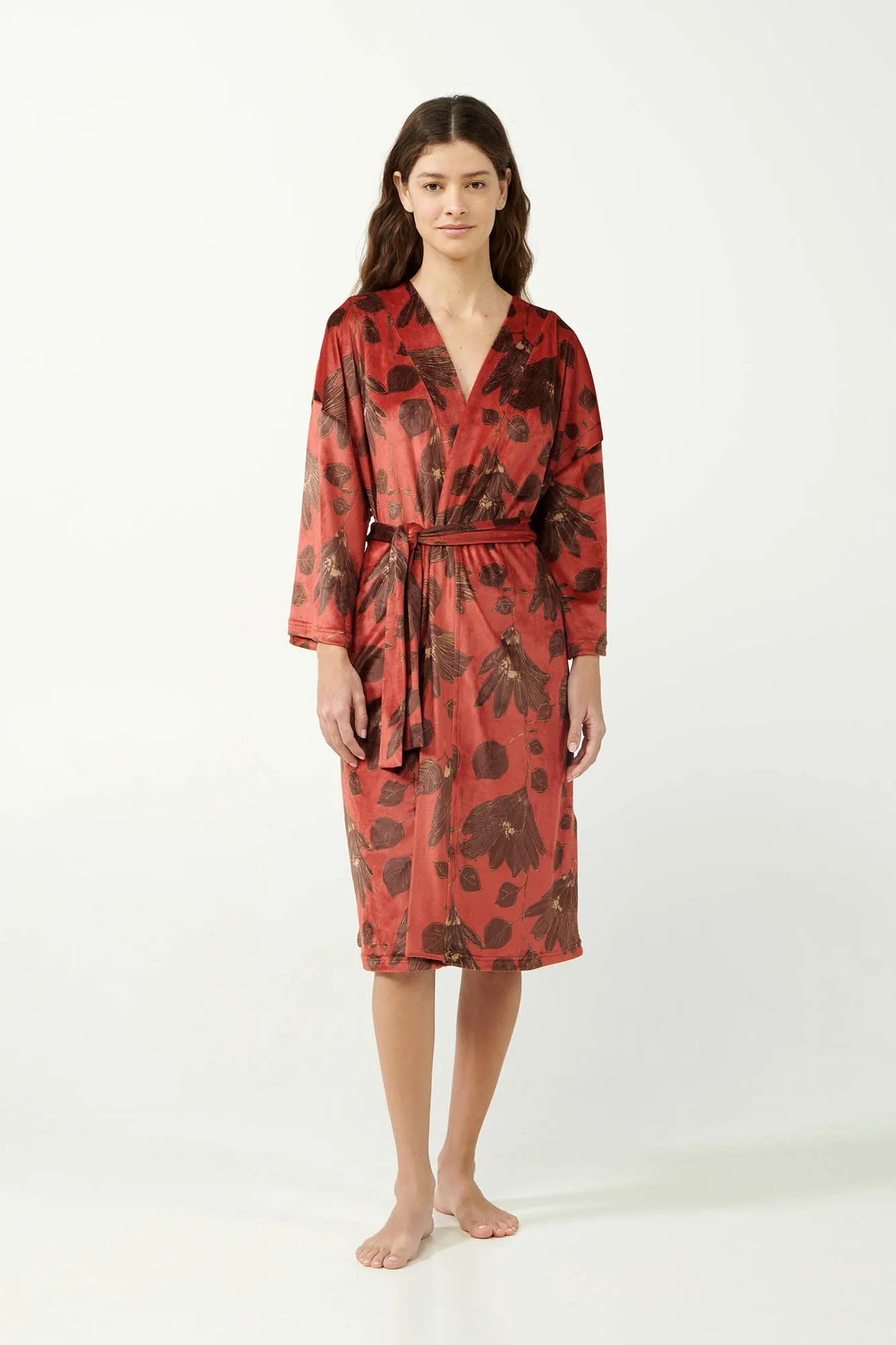 Red Nova Lily Print Velvet Robe / Dressing Gown By Vamp - S-3XL